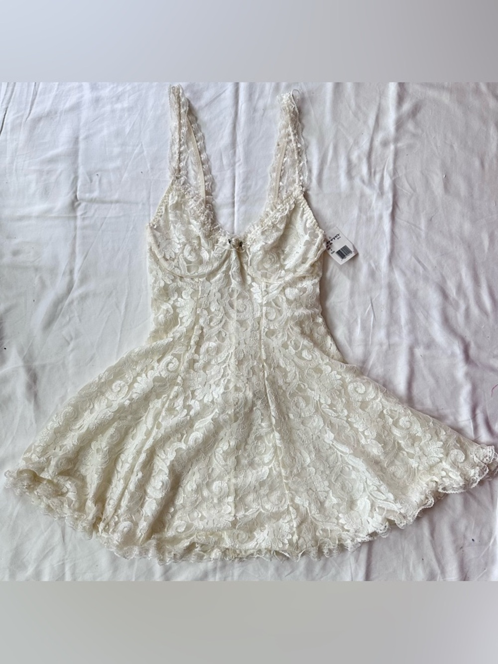 NWT VTG Cream Lace Babydoll Dress w Underwire Matching Bikini Undies SZ M